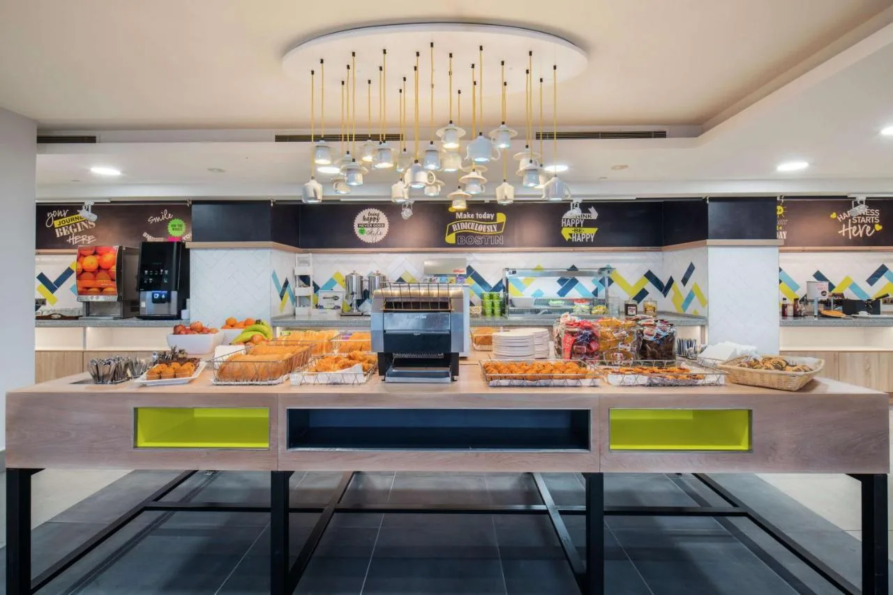 buffet line with food on display in a restaurant at Hampton by Hilton Birmingham Broad Street